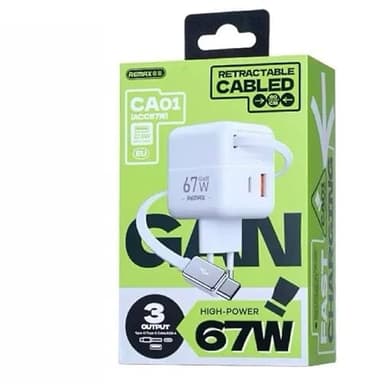 LERON Chargeur Rapide 67W GaN LERON, Retractable Charger,Adaptateur USB C avec câble télescopique, Compatible iPhone 17 Pro Max, Samsung, MacBook Air M4, iPad, Prise connectée, Protection surchauffe