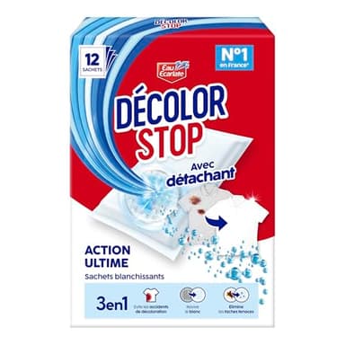 Decolor Stop - 3 en 1 - Avec Detachant - Action Ultime - Sachets Blanchissants - Evite les Accidents de Decoloration - Ravive le Blanc - Elimine les Taches Tenaces - x12 Sachets