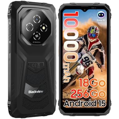 Blackview Fort 1 Telephone Incassable Android 15, Batterie 10000mAh Telephone Portable Incassable, 6,56''HD+, 18Go+256Go/TF 2To, 90Hz, Caméra AI 16MP, NFC/OTG/Doke AI/Fingerprint/2Ans Garantie
