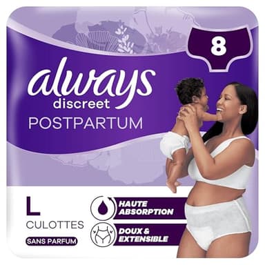 Always Discreet Postpartum Culottes Jetables, Taille L, Très Absorbante et Confortable, 8 Culottes