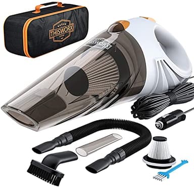 ThisWorx Aspirateur Voiture Puissant - Mini Aspirateur à Main 110W, 12V avec 3 Embouts et Sac de Transport - Blanc