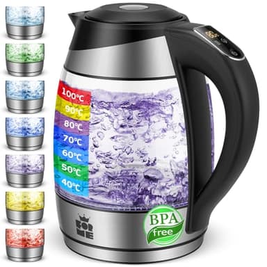 FOR ME Bouilloire Électrique en Verre 1.8L, Contrôle de la Température, Température Réglable à Partir de 40°C à 100°C, Éclairage LED 7 Couleurs, Fonction de Maintien au Chaud, Sans BPA