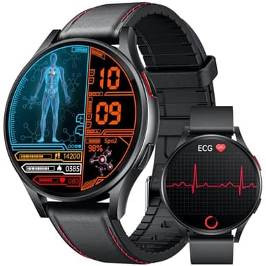 Montre Connectée Homme Smartwatch Sport - ECG HRV Acide Urique MET BMI 1.43"AMOLED HD Écran Repondre Appel Moniteur de Sommeil Fréquence Cardiaque Podomètre Fitness Tracker pour Android iOS Ronde Cuir