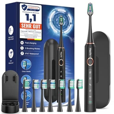 Brosse À Dent Électrique Soniques pour Adultes - Brosse A Dent Sonique avec 8 Têtes de Brosse et Étui de Voyage, 5 Modes, Étanche IPX7, Brosse A Dent Electrique de Voyage Rechargeable, Noir
