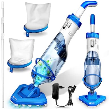 tillvex Aspirateur de Piscine avec Batterie & Manche télescopique + Filtre | Aspirateur de Piscine électrique | Nettoyeur de Piscine avec Filtre & autonomie de 60 Min (Bleu/Blanc)