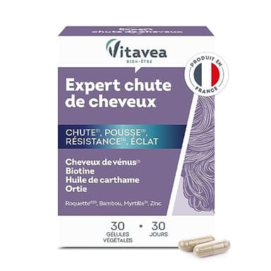 Vitavea - Complément Alimentaire Cheveux - Anrti Chute - Triple action : Pousse, Résistance, Éclat - Biotine, Zinc, Myrtille - Femmes et Hommes - 30 gélules - 1 mois - Fabriqué en France