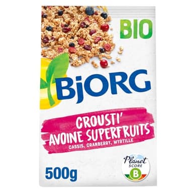 BJORG - Céréales Bio Crousti' Avoine Superfruits (Cassis, Cranberry & Myrtille) - Aux Céréales Complètes - Sans Huile de Palme - Réduit en Sucres - Sachet de 500 g