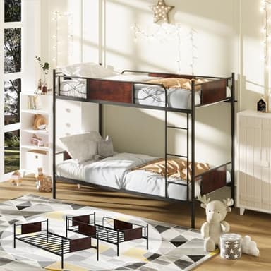 COSTWAY Lit Superposé en Métal 90x190cm, 2 Lits Simples Détachables pour Enfant/Adulte avec Échelle, Garde-Corps, Dispositif Anti-basculement, Style Industriel, pour Chambre à Coucher, Dortoir
