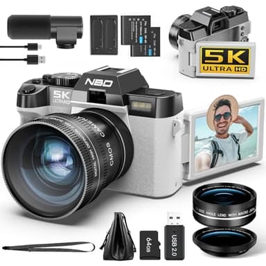 NBD 5K 64MP Appareil Photo numérique avec autofocus, Zoom numérique 16x, Écran IPS 3" 180°, WiFi + Lentille Grand Angle/Macro + Micro Externe + Carte 64GB + 2 Batteries (Blanc)