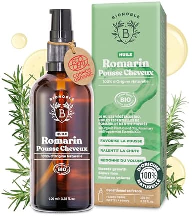 BIONOBLE Huile de Romarin pour Cheveux Bio - Favorise la Pousse et Ralentit la Chute - Huile Romarin Cheveux, Ricin, Argan, Jojoba - Rosemary Oil for Hair Growth - Flacon Verre, Pipette, Pompe - 100ml