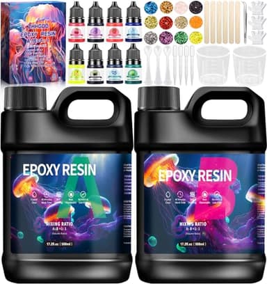 ZHHGOO Resine Epoxy Transparente, 1016ml Kit de Résine Époxy avec Colorant, Paillette, 1: 1 Ratio Revêtement en Résine Coulée Cristalline, Resine Epoxy Kit pour Fabrication de Bijoux, Artisanale