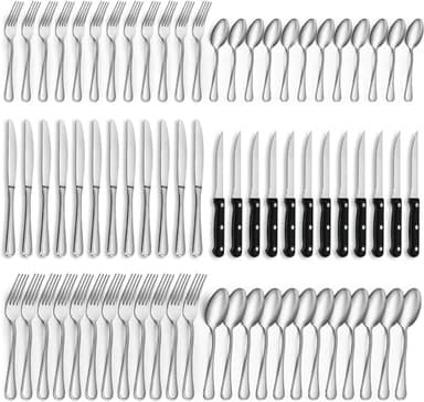 Gifcomda couverts de table avec couteau a steak, 72 pièces couverts pour 12 personnes, couvert en argent comprenant cuillère, couteau, fourchette, lave-vaisselle