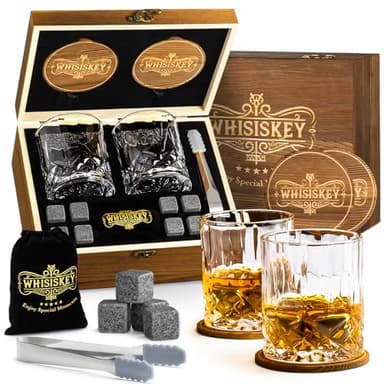 Whisiskey Set de Verre a Whisky - Coffret Cadeau Homme - Verre à Whisky & Rhum - 2 Verres à Whisky x 310ML, 8 Pierre a Whisky, 2 sous-Verres, Accessories