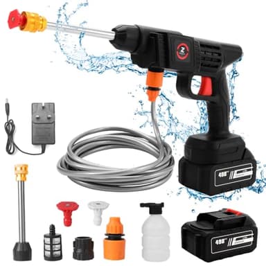 Nettoyeur Haute Pression, Pistolet Haute Pression sans Fil 50Bar, Nettoyeur Haute Pression sur 1 Batterie, Chargeur et Tuyau de 5M, pour Lavage et Arrosage de Voiture (20000mah)