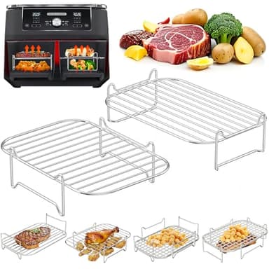 PETHREE Grille Air Fryer Stackable, 2 Pcs Accessoires Air Fryer Chaud Dual Zone, Accessoires pour Friteuse à air En Acier Inoxydable 304 Compatible avec Ninja Foodi Dual, Cosori Twinfry et Autres