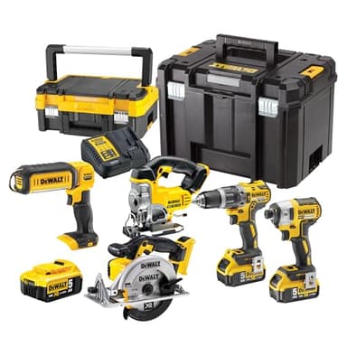 DEWALT - Pack 5 outils XR 18V, 1 perceuse-visseuse, 1 visseuse à chocs à 3 vitesses, 1 scie sauteuse, 1 scie circulaire, 1 lampe LED, 3 batteries 5Ah, 1 chargeur et 2 coffrets TSTAK, DCK551P3T-QW
