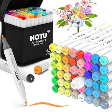 HOTU Marqueurs à alcool double pointe - Lot de 50 couleurs, pinceau & pointe fine pour illustration, calligraphie et coloriage adulte/enfant, avec étui et bloc anti-tâches