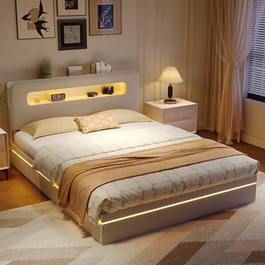 Lit Double avec Rangement 160×200 cm, Lit 160x200 avec LED et Sommier, Tête de lit avec Étagère Ouvertes, Rangement Hydraulique, Lits Coffre pour Adultes et Adolescents, Velours (Beige-01, 160x200 cm)