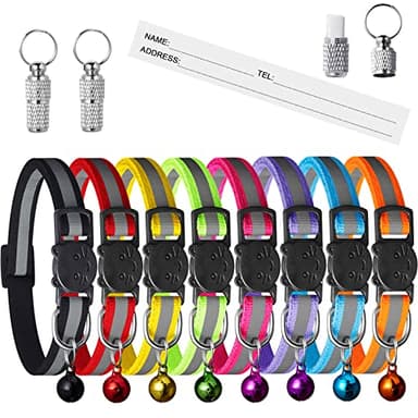 Extodry Colliers de sécurité pour Chat à libération Rapide, Collier réfléchissant avec clochettes, réglable de 19,1 à 31,5 cm, Convient pour Les domestiques (8 Couleurs et Lot de 2 étiquettes