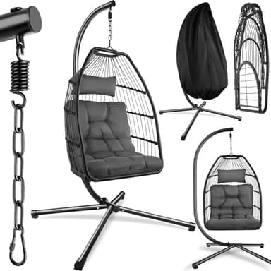 tectake® Fauteuil Oeuf Suspendu Chaise hamac Balancoire Cocooning Confortable Pliable Résistant, Fauteuil Relax avec Structure en Acier & Coussin Épais