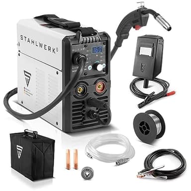 STAHLWERK MIG MAG 160 M Poste à souder IGBT Appareil combiné entièrement synergique 5 en 1 avec véritable 160 ampères et 2 rouleaux d'entraînement/fil fourré, MIG MAG, ARC MMA, Lift TIG