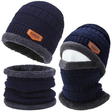 Axinyijia Ensemble Bonnet Tour de Cou Homme Hiver, Bonnet d'hiver Doublés de Polaire et Cache Cou Homme, Chapeau et Écharpe à Boucle pour Hommes (bleu)