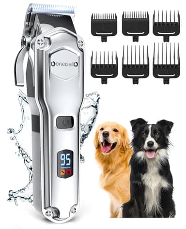 oneisall Tondeuses pour chiens IPX7 étanche Poil Long Epais professionnelles robustes à faible bruit haute puissance sans fil outils de toilettage pour animaux de compagnie (Argent)