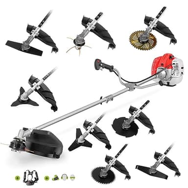 GREENCUT GGT650X-9 - Débroussailleuse à Essence 65cc 4,9hp, Moteur 2 Temps, avec 9 Accessoires interchangeables, Harnais et Barre de fractionnement, débroussailleuse 9 en 1