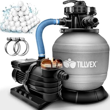 tillvex® Système de Filtre à Sable 13 200L/h jusqu'à 40 000L + 1200g Boules Filtre | 7 Fonctions de Filtration & Adaptateur 2en1 Ø32-38mm | Filtre piscine avec indicateur de pression (Gris)