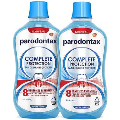 PARODONTAX - Bain de Bouche Quotidien Complete Protection - 8 Bénéfices pour des Gencives Saines & des Dents Fortes - Combat les Bactéries de la Plaque Dentaire - 0% Alcool - Menthe Fraîche - 2x500 ml
