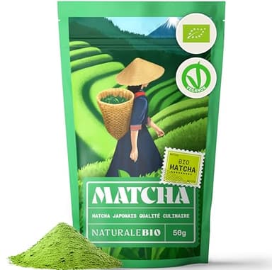 NaturaleBio Thé Matcha Bio Japonais de Cuisine - Qualité Culinaire - 50 gr. Thé Vert Matcha en Poudre Naturel. Green Tea. Produit au Japon Uji, Kyoto. Pour la Patisseries, Cookies et dans le Lait