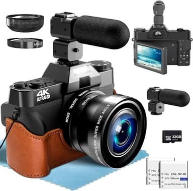 Hojocojo 4K Appareil Photo numérique pour Photographie, Objectif Grand Angle et Macro pour，56MP Caméra avec Carte 32Go,Écran 3 '' 180° LCD avec 18X Digital Zoom