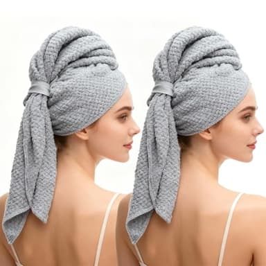 KQDRAVINE 2 Serviette Microfibre Cheveux, Microfiber Towel Hair, Serviettes Grises avec Bande élastique, séchage Rapide et Super absorbantes pour Cheveux Longs (100 x 60 cm)