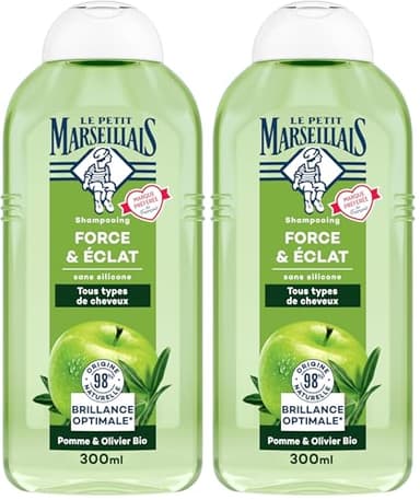Le Petit Marseillais | Shampooing Force & Éclat Pomme & Olivier Bio (300 ml) – Shampoing sans silicone pour cheveux normaux – 98% d'origine naturelle pour une brillance optimale (Lot de 2)