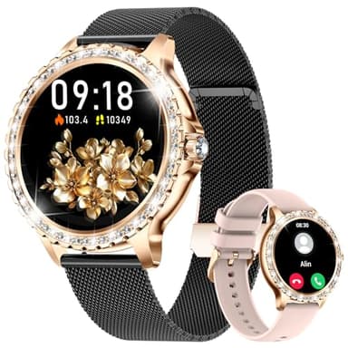 LIGE Montre connectée Femme Bluetooth Appels pour Android iOS 1,32" HD Full Touch Screen Smartwatch Diamant Maille Noir,Fréquence Cardiaque,Moniteur de Sommeil,Podomètre,Calories,100+ Mode Sport