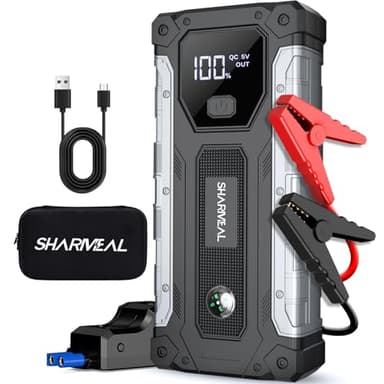 Sharmeal Booster Batterie Voiture 6000A, Démarreur Batterie Voiture Portable(Tout Essence ou 10L Diesel), 12V Jump Starter, Pinces de Sûreté Intelligentes, Grand Écran LCD, 400 Lumière LED 3 Modes