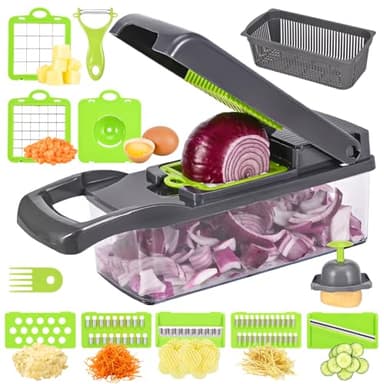 Trancheuse à légumes multifonctionnelle 16 en 1, mandoline cuisine, veggie chopper, coupe oignon manuel, trancheuse à légumes de cuisine avec 7 lames réglables, adaptée au coupe-légumes de cuisine