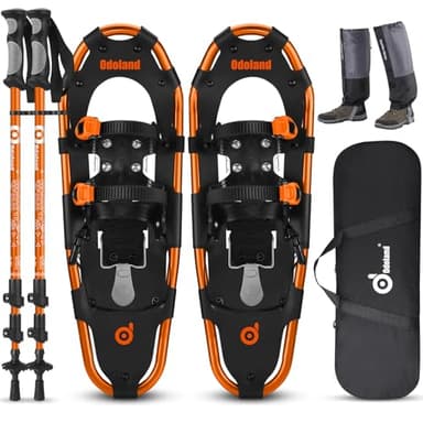 Odoland Set de Raquettes à Neige 4 en 1 pour Hommes et Femmes Jeunes, Raquette Neige Randonnée avec Guêtres Imperméables et Sac fourre-Tout, Orange, S(53.34cm)