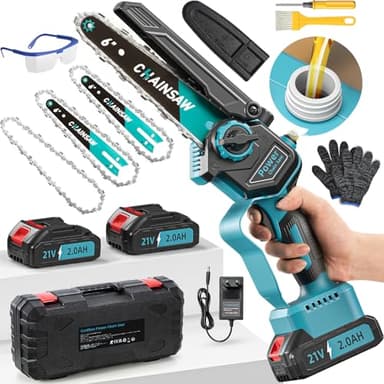 Mini Tronconneuse a Batterie 4000mAh, 6 Pouces 1000W Brushless Tronconneuse Electrique Sans Fil avec Graisseur Automatique, 3 Chaînes, 2 Batteries 2000mAh, Elagueuse Batterie Compatible avec Makita