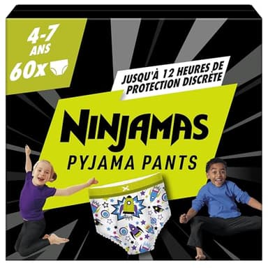 Pampers Ninjamas Pyjama Pants, Garçon, 60 Sous-Vêtements de nuit Absorbants, 4-7 Ans, 17-30kg, Protection Maximale Contre Les Fuites Toute La Nuit En Toute Discrétion, Pack 1 Mois