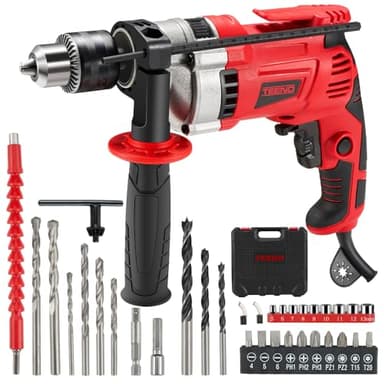 TEENO Perceuse à Percussion électrique 0-3000 RPM, Perceuse à Percussion Filaire 910W, Vitesse Variable,Mandrin 13mm, 38 Accessoires, poignée rotative à 360°, Brique,Bois,Acier, Boite en Plastique