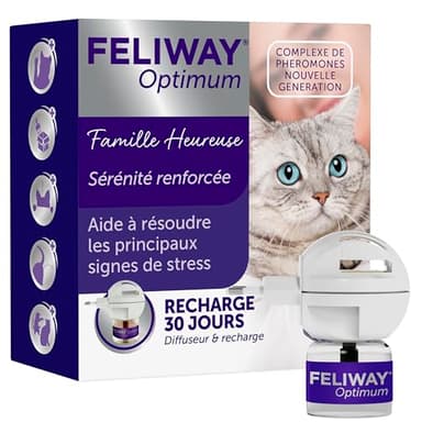 FELIWAY Optimum 30 Jours Diffuseur de Phéromones Apaisantes pour Chats + Recharge - Aide à Réduire Les Signes de Stress, Recommandé par des Vétérinaires, Scientifiquement Démontré, Sérénité Renforcée
