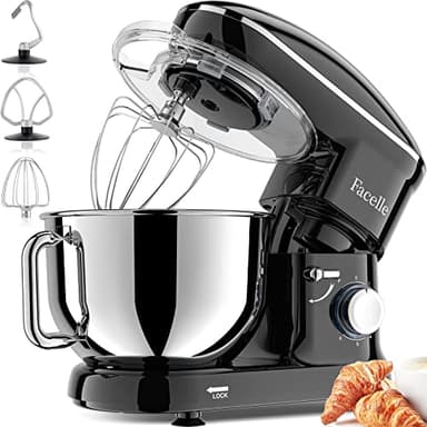 Robot Pâtissier Facelle 1500W Petit électroménager 6,2 L,Robot Pétrin Professionnel avec Fouet, Batteur, Crochet, Bol d'Acier Inoxydable, 6 +P Vitesses (Noir)