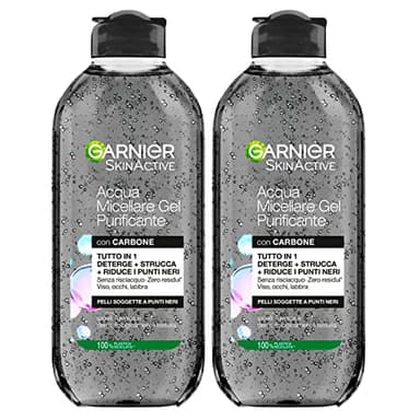 Garnier SkinActive Gel Micellares Eau Démaquillant Tout en 1 avec Charbon de Bois pour Points Noirs Formule Hypoallergénique Sans Rinçage pour Visage, Yeux et Lèvres - 2 Flacons de 400 ml