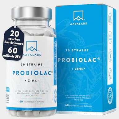 Probiotique Flore Intestinale 60 Milliards UFC 20 Souches de Bactéries dont Lactobacillus Gasseri et Bifidobacterium - Ferments Lactiques avec Zinc et Inuline - 60 Gélules