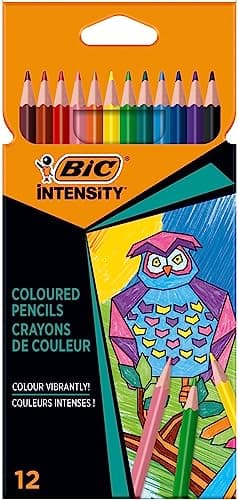 BIC Intensity Crayons de couleur triangulaires, crayons de couleur, 12 couleurs, dans un étui carton, mine incassable et sans bois