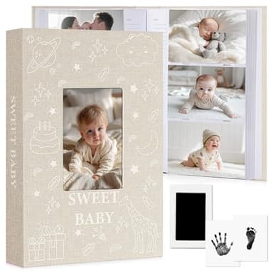 EARLY MINDS Album photo bébé 10x15 300 pochettes avec espace pour notes et kit d'empreintes de mains et pieds, couverture en lin, fenêtre avant, sans acide, pour nouveau-né garçon et fille