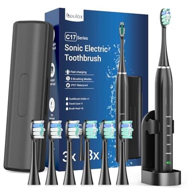 Brosse à Dent Électrique Soniques Adultes Enfant - Brosse A Dent Electrique avec 6 Têtes de Brosse et Étui de Voyage, 5 Modes et Minuterie, Brosses à Dents Ultrasoniques Noir