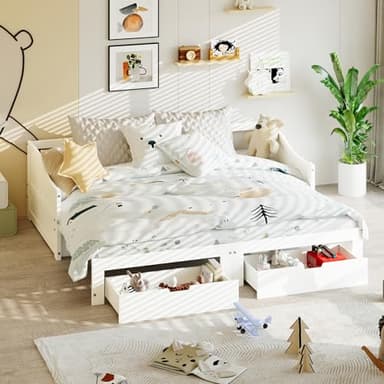 Canapé-lit en Bois Massif 90/180x200cm avec lit gigogne multifonction, Cadre de lit canape avec 2 tiroirs de rangement et sommier à Lattes, avec Dossier et accoudoirs, sans Matelas (Blanc Bois)