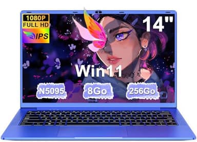 Ordinateur Portable 14 Pouces Celeron N5095 Win11 Pro 8Go RAM 256Go SSD Extension1To 5G WiFi 1920x1080 FHD PC Portable avec Souris sans Fil qwerty Clavier avec AZERTY Membrane du Clavie - Violet Métal